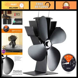 4-Blade Heat Powered Wood Stove Fan with Magnetic Thermometer, Silent Eco Firepl
