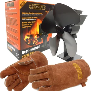 Cosystove® 4 Blade Heat Powered Stove Top Fan Wood Log Burner Eco + Gloves