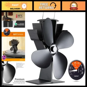 4-Blade Heat Powered Wood Stove Fan + Magnetic Thermometer, Silent Eco Fireplace